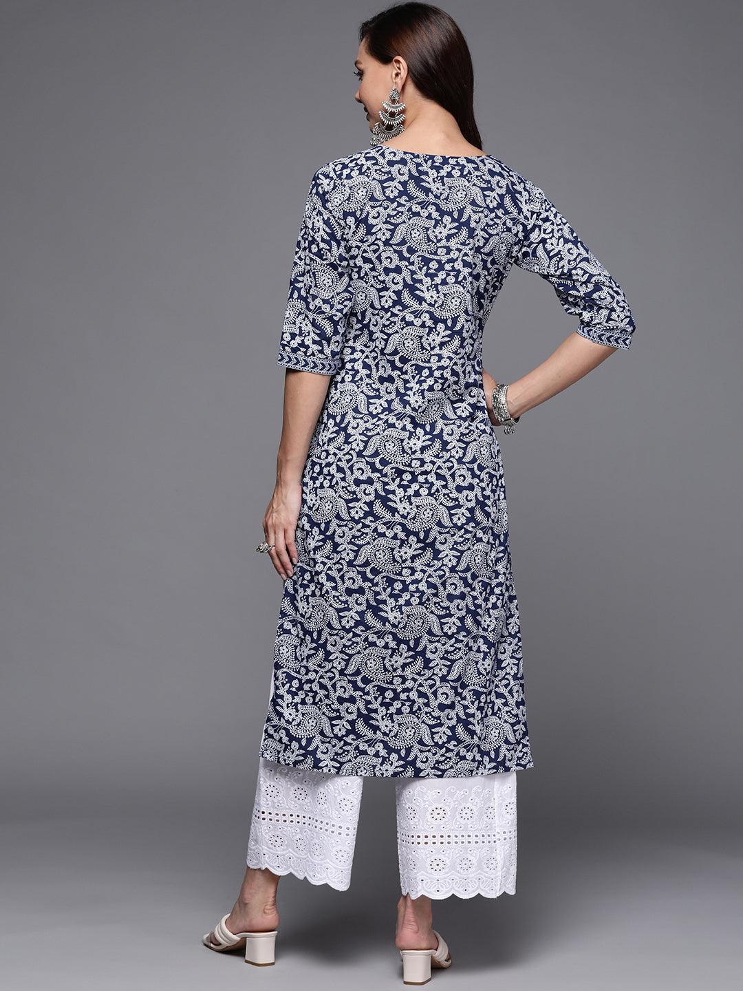 Blue Printed Cotton Straight Kurta - ShopLibas