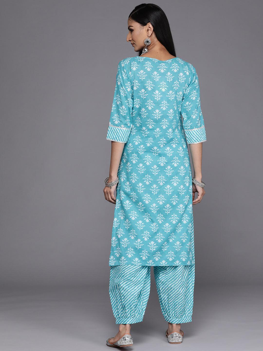 Blue Printed Cotton Straight Kurta - ShopLibas