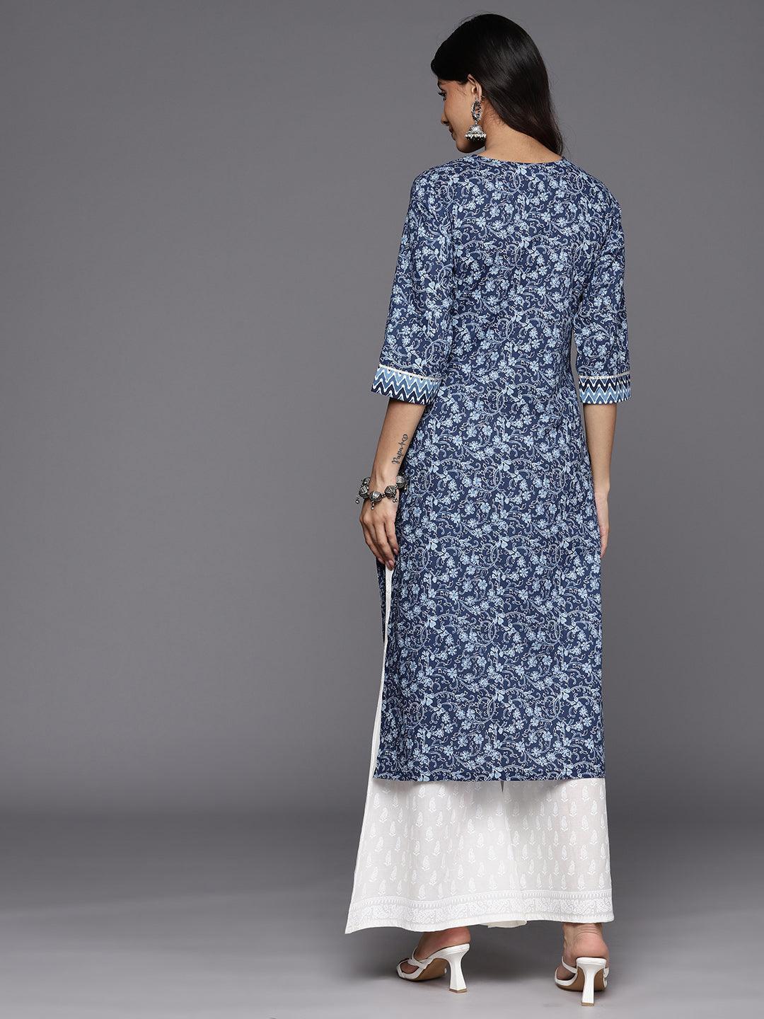 Blue Printed Cotton Straight Kurta - ShopLibas