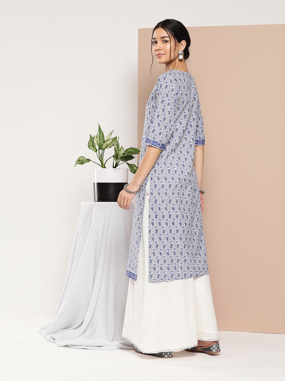 Blue Printed Cotton Straight Kurta - ShopLibas