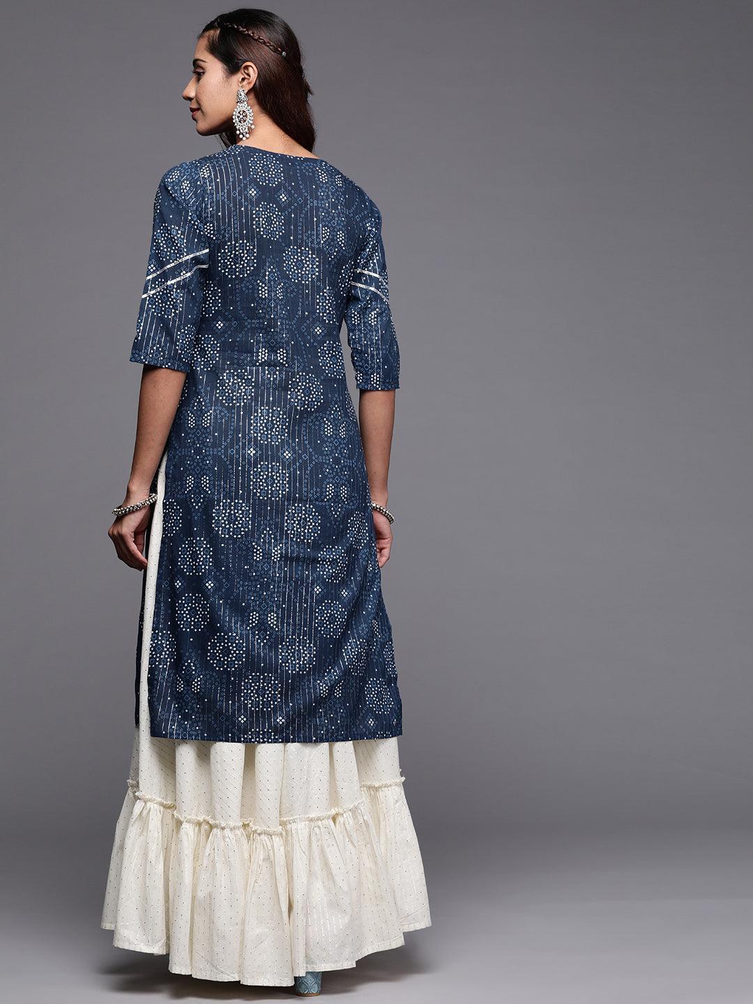 Blue Printed Cotton Straight Kurta