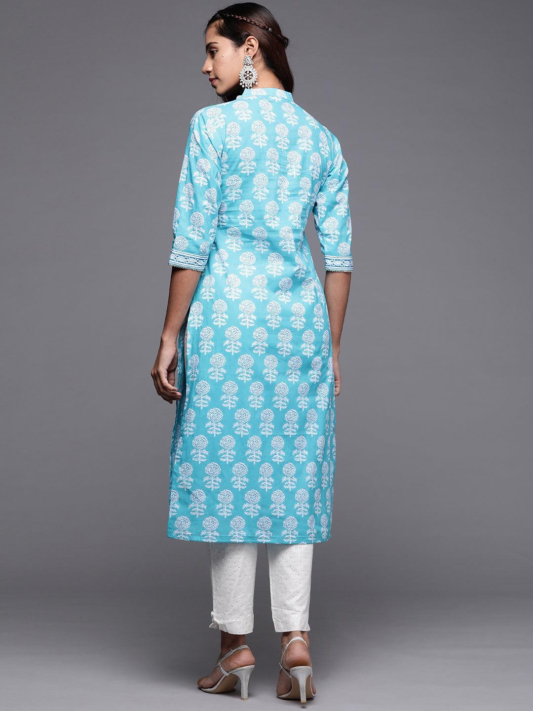 Blue Printed Cotton Straight Kurta - Libas