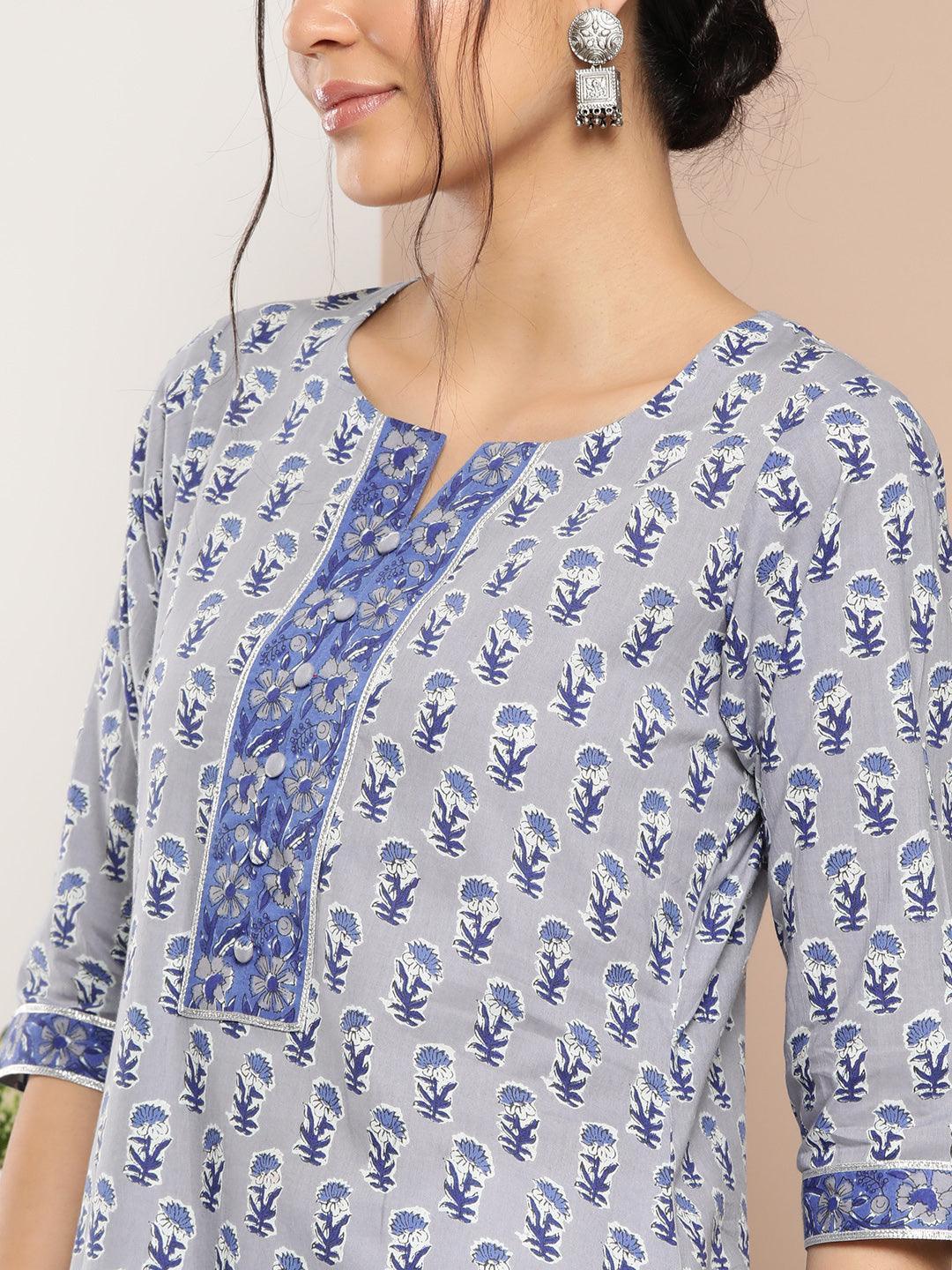 Blue Printed Cotton Straight Kurta - ShopLibas