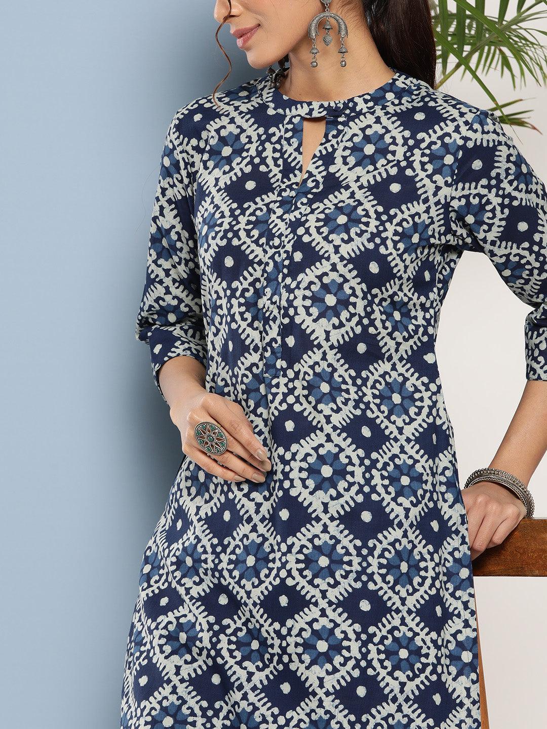 Blue Printed Cotton Straight Kurta - ShopLibas