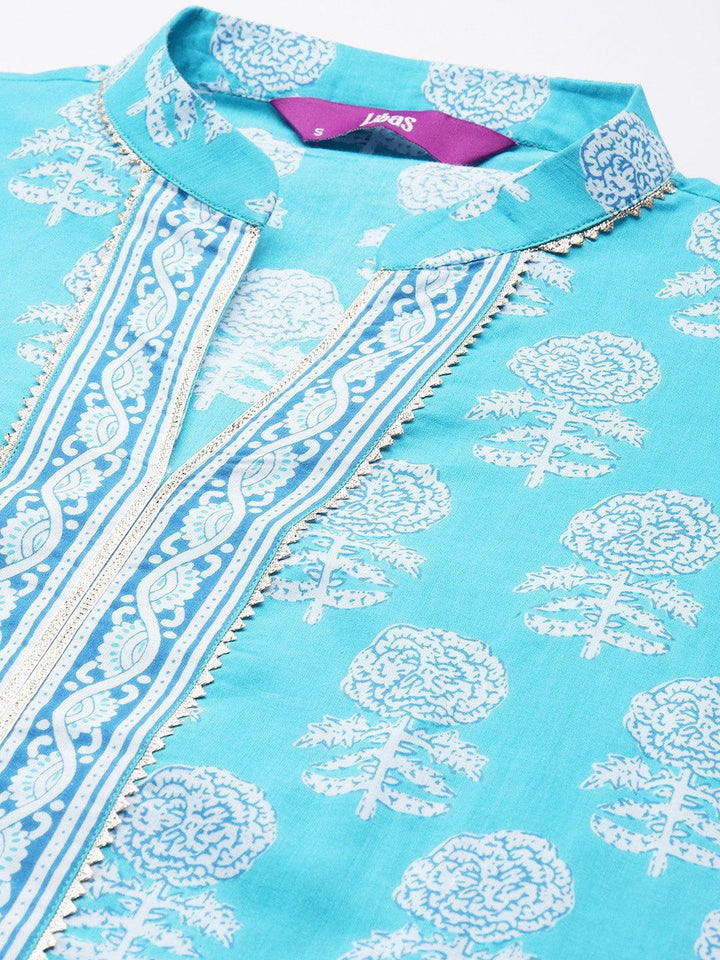 Blue Printed Cotton Straight Kurta - Libas