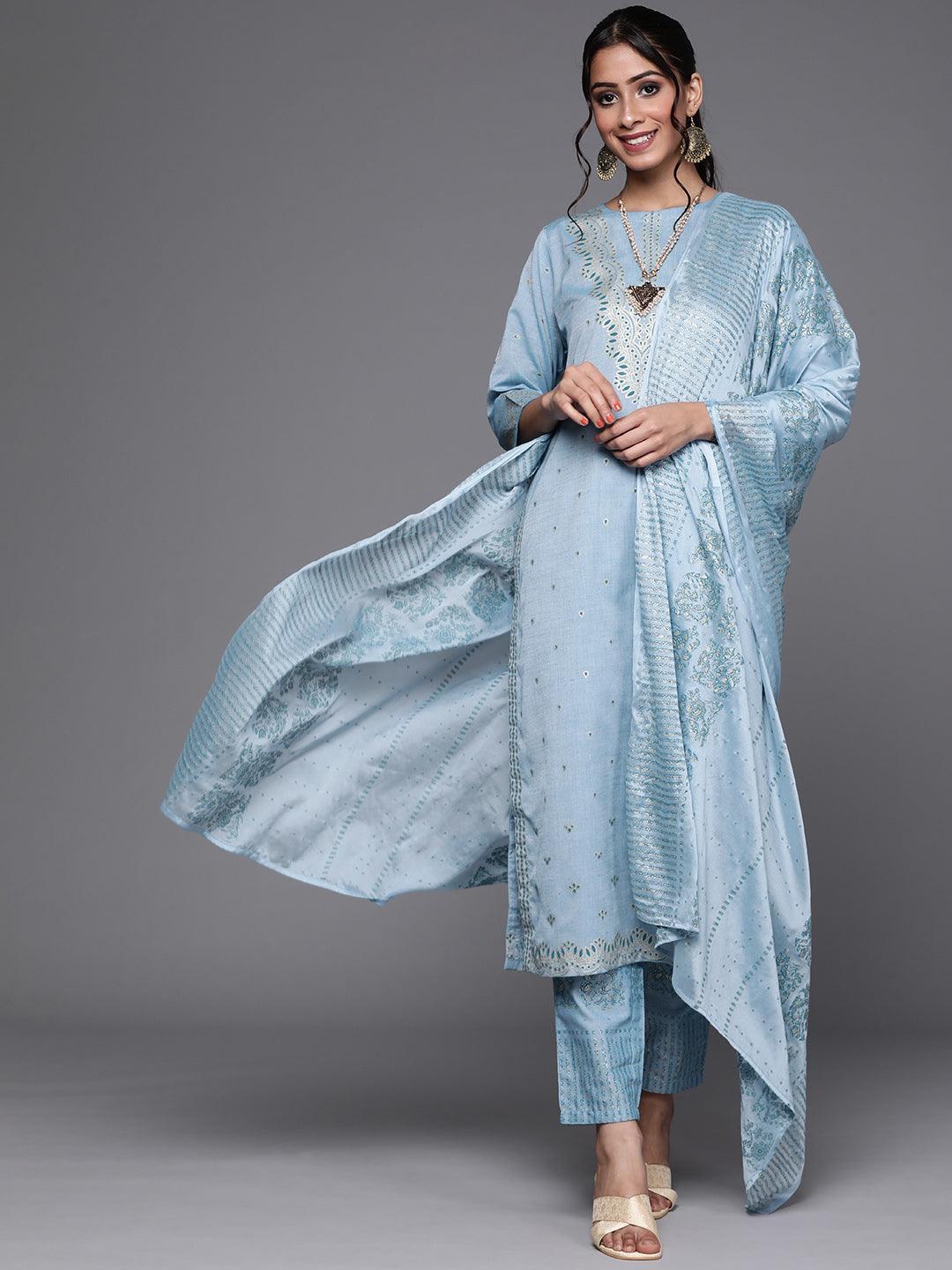 Blue Printed Cotton Suit Set - ShopLibas