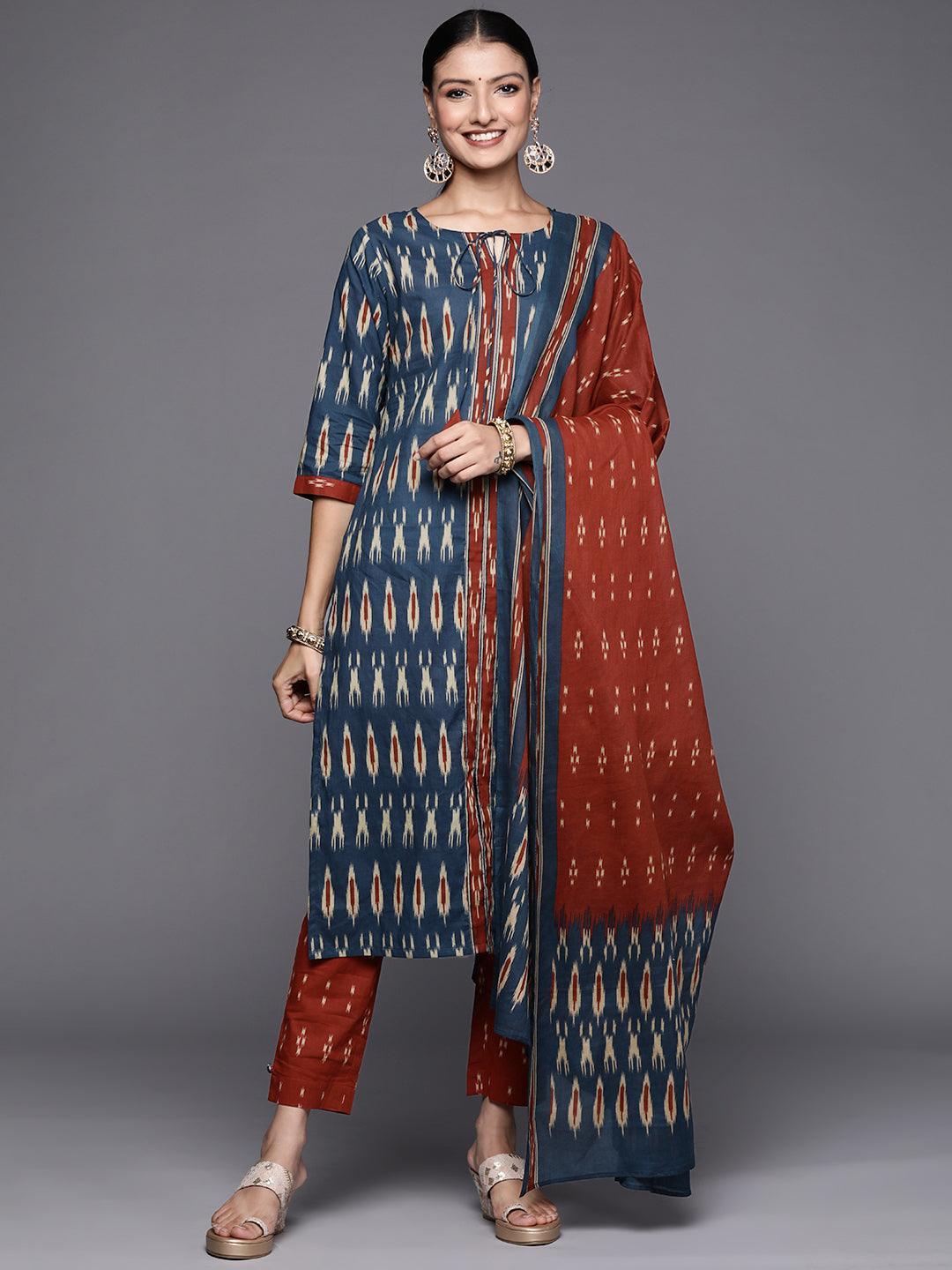 Blue Printed Cotton Straight Suit Set