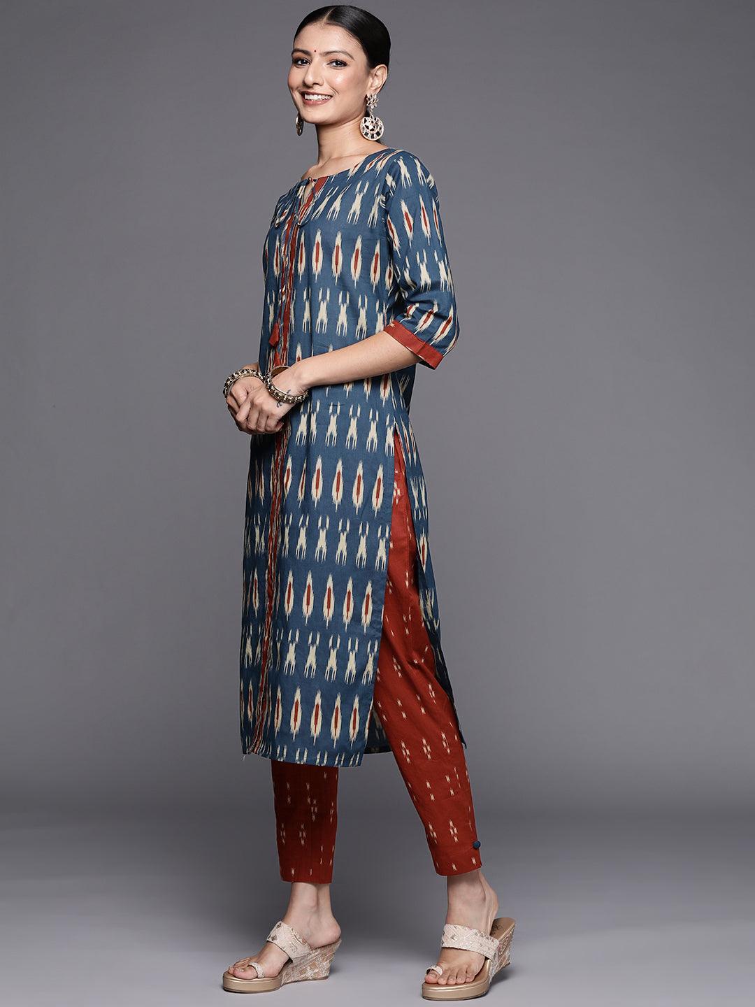 Blue Printed Cotton Straight Suit Set