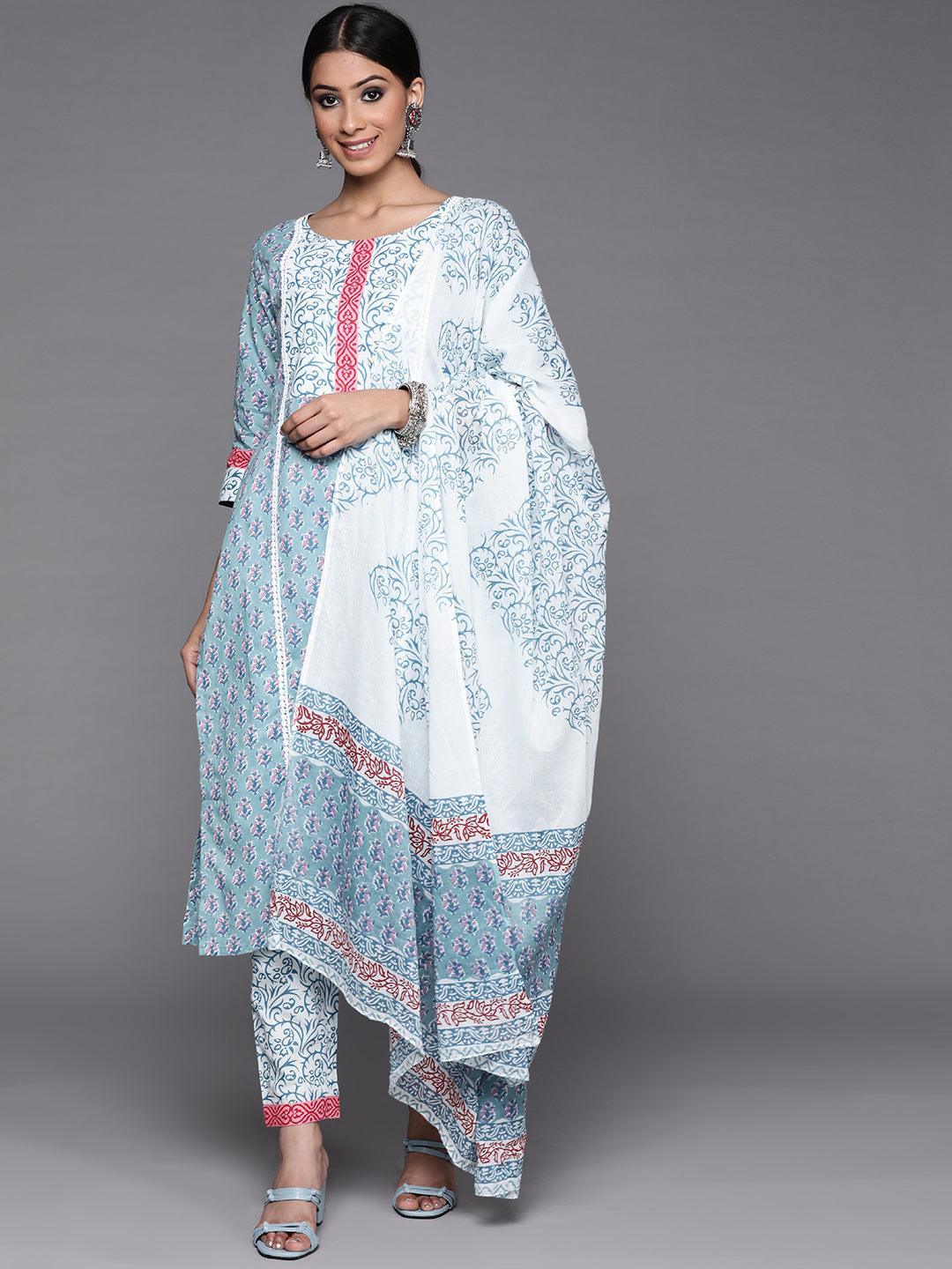 Blue Printed Cotton Straight Suit With Dupatta