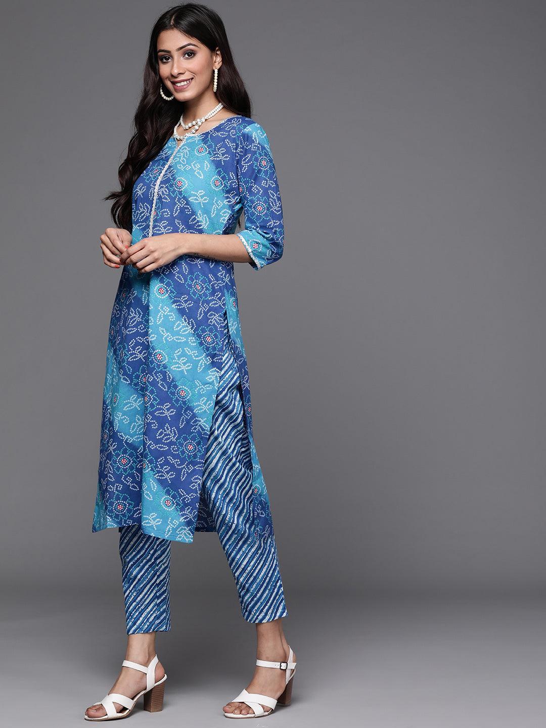 Blue Printed Cotton Suit Set - ShopLibas