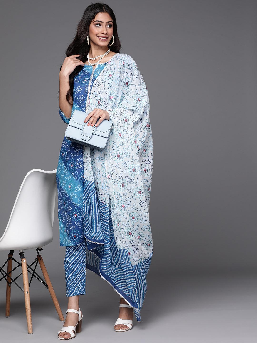 Blue Printed Cotton Suit Set - ShopLibas