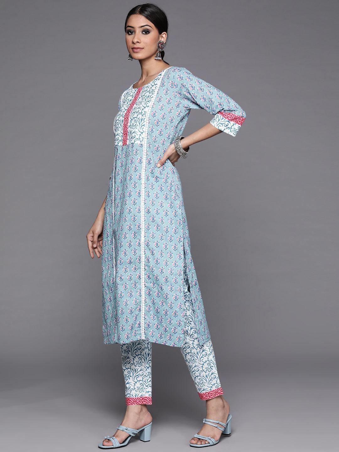 Blue Printed Cotton Straight Suit With Dupatta