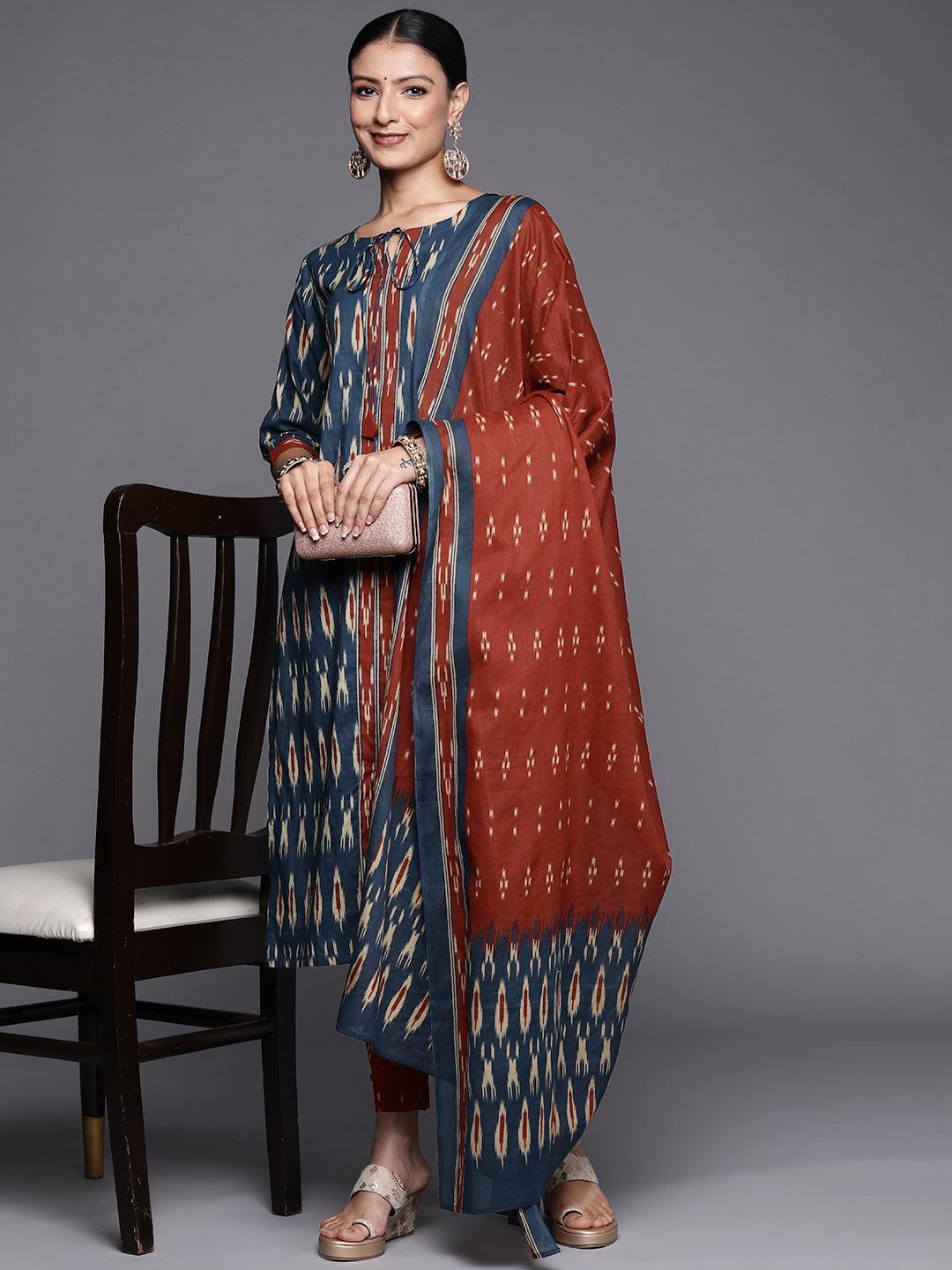 Blue Printed Cotton Straight Suit Set - ShopLibas