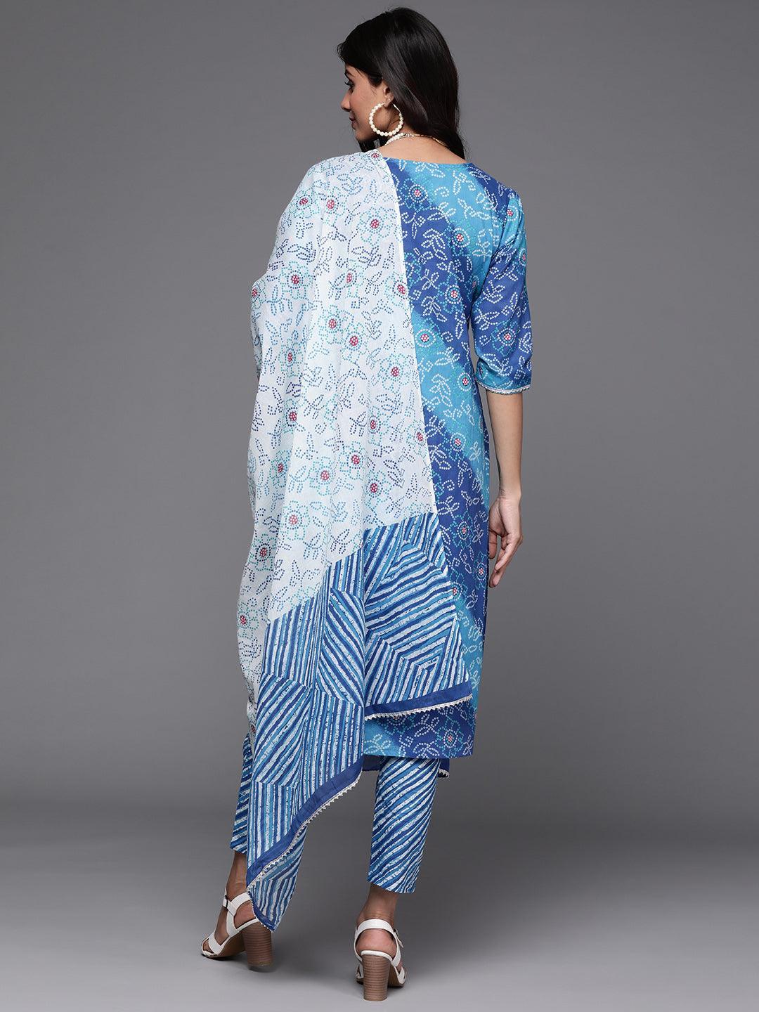 Blue Printed Cotton Suit Set - ShopLibas