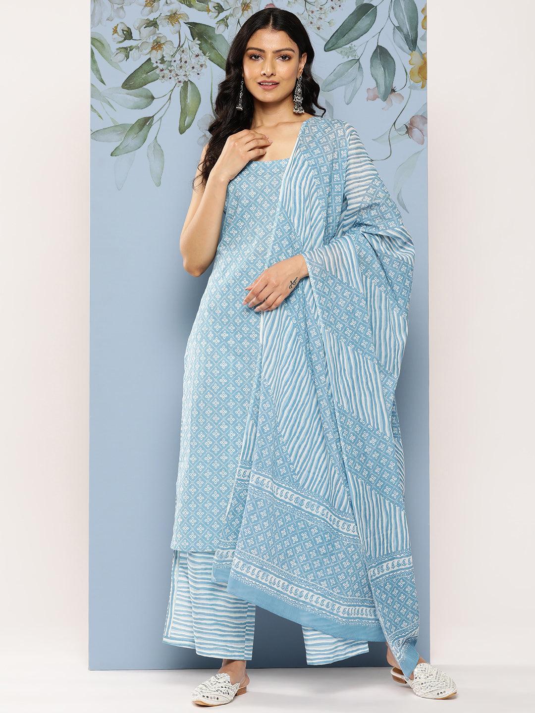 Blue Printed Cotton Straight Kurta With Palazzos & Dupatta