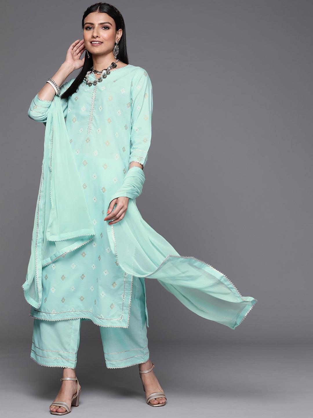 Blue Printed Cotton Suit Set - ShopLibas