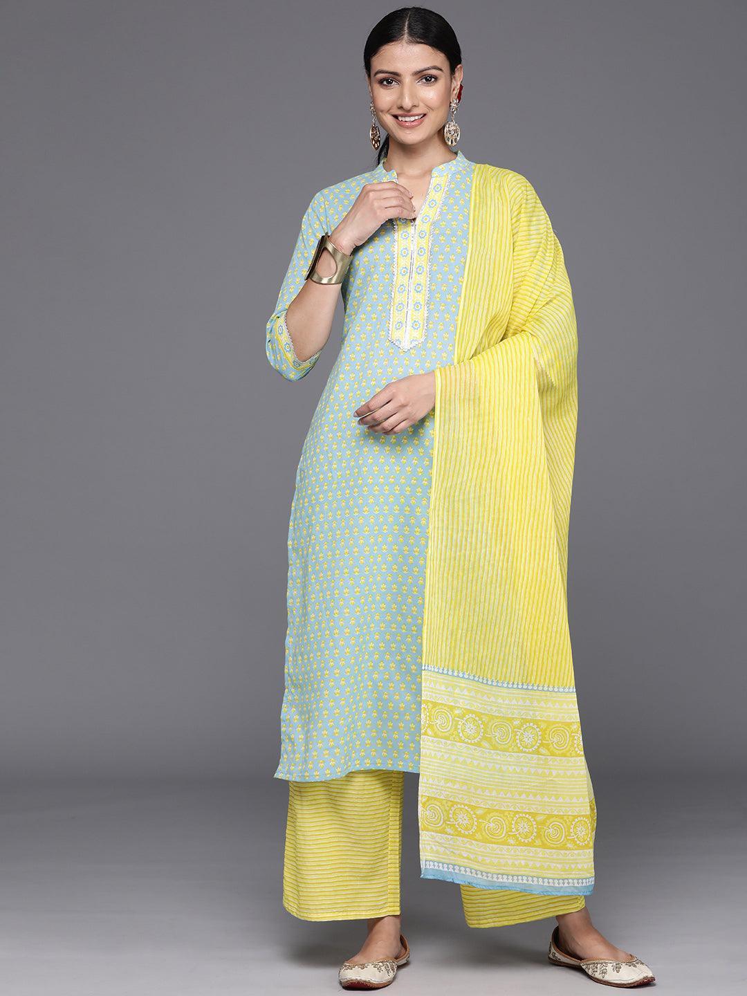 Blue Printed Cotton Straight Kurta With Palazzos & Dupatta