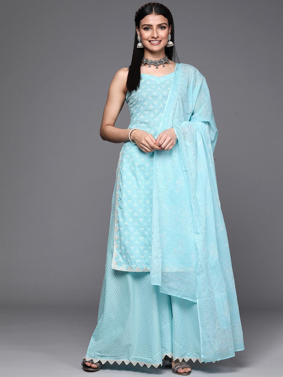 Blue Printed Cotton Suit Set - ShopLibas