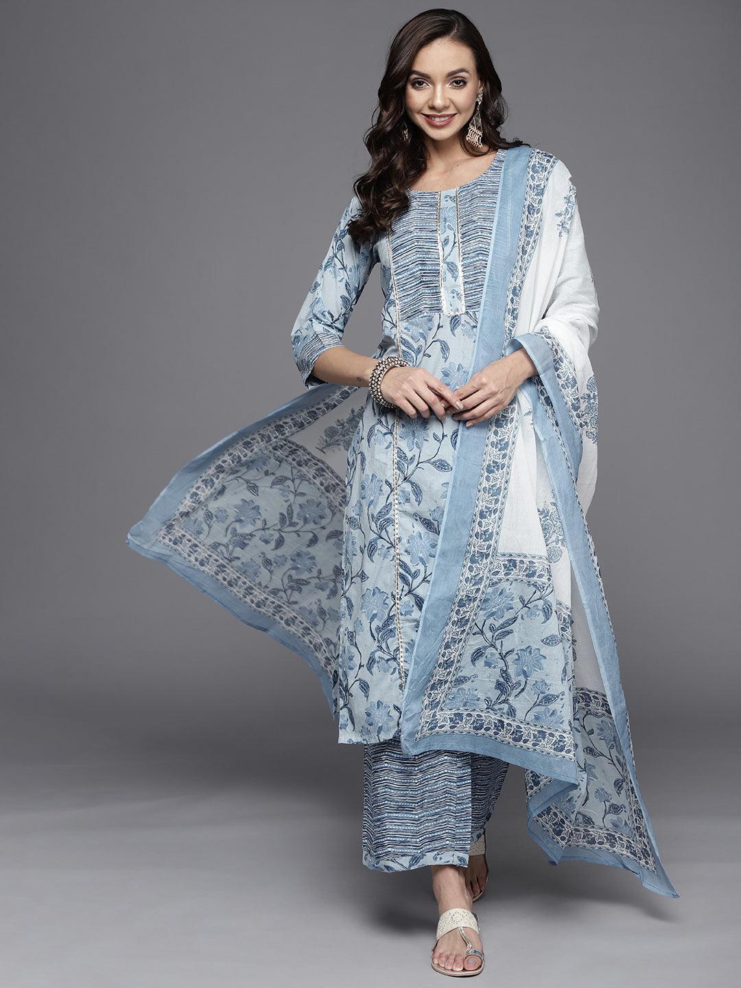 Blue Printed Cotton Straight Suit Set - ShopLibas