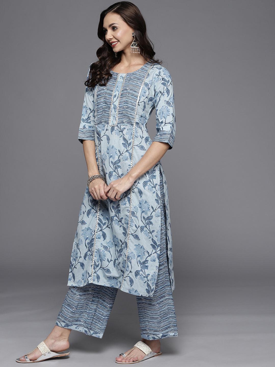 Blue Printed Cotton Straight Suit Set