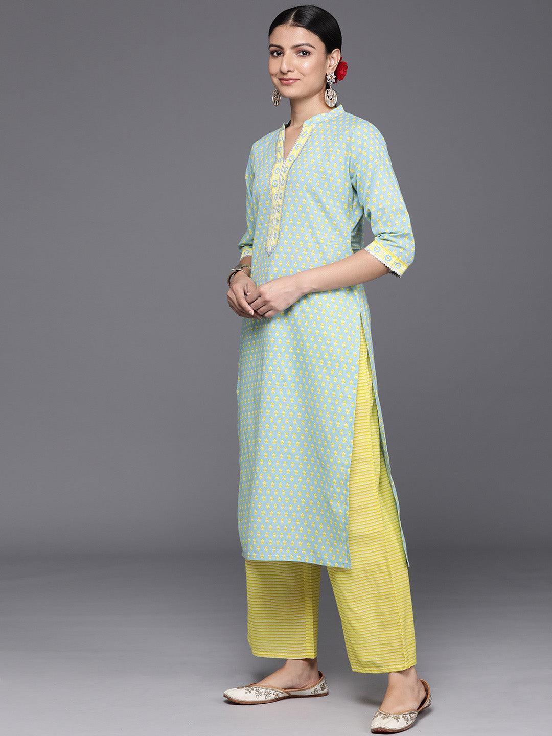 Blue Printed Cotton Straight Kurta With Palazzos & Dupatta