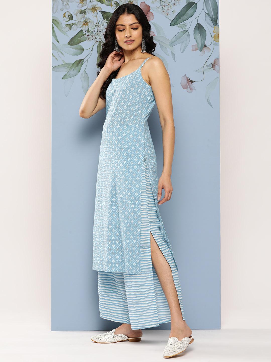 Blue Printed Cotton Straight Kurta With Palazzos & Dupatta