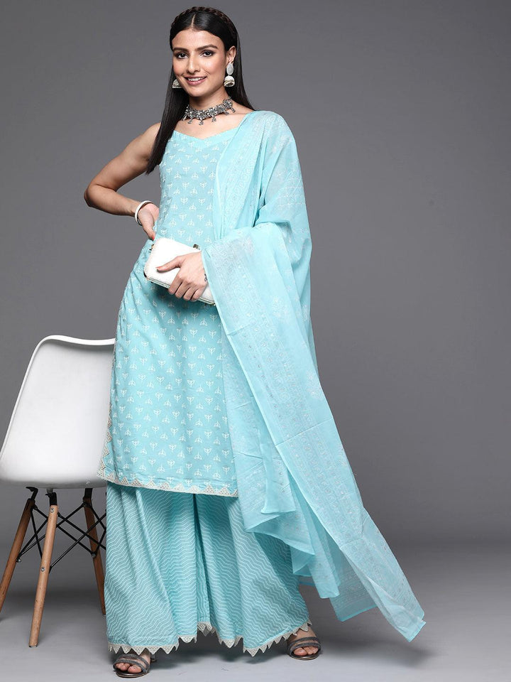 Blue Printed Cotton Suit Set - ShopLibas