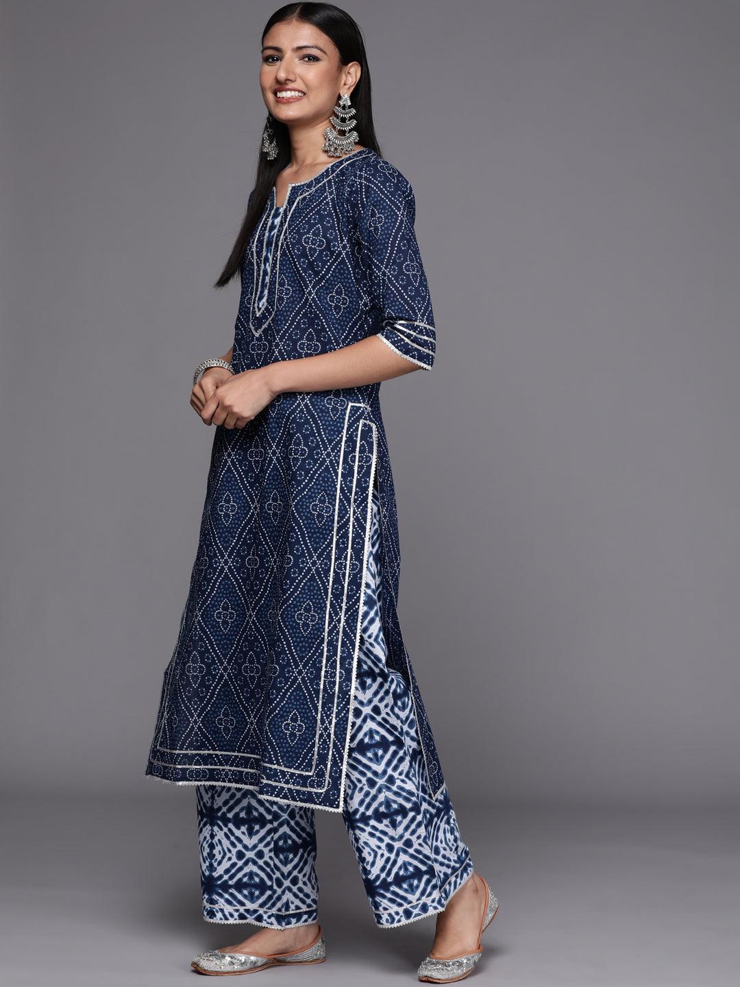 Blue Printed Cotton Straight Suit Set