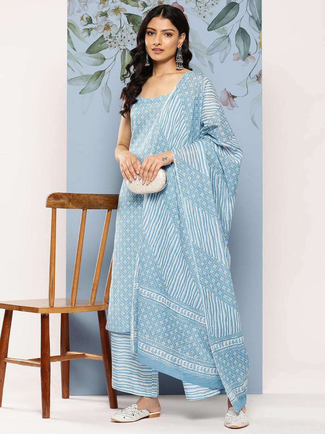 Blue Printed Cotton Straight Kurta With Palazzos & Dupatta