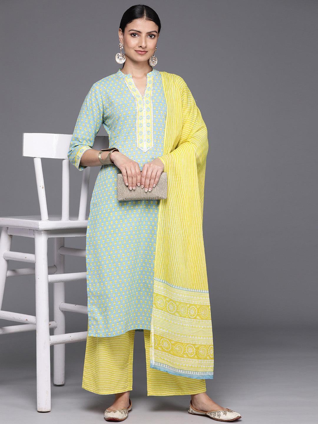 Blue Printed Cotton Straight Kurta With Palazzos & Dupatta