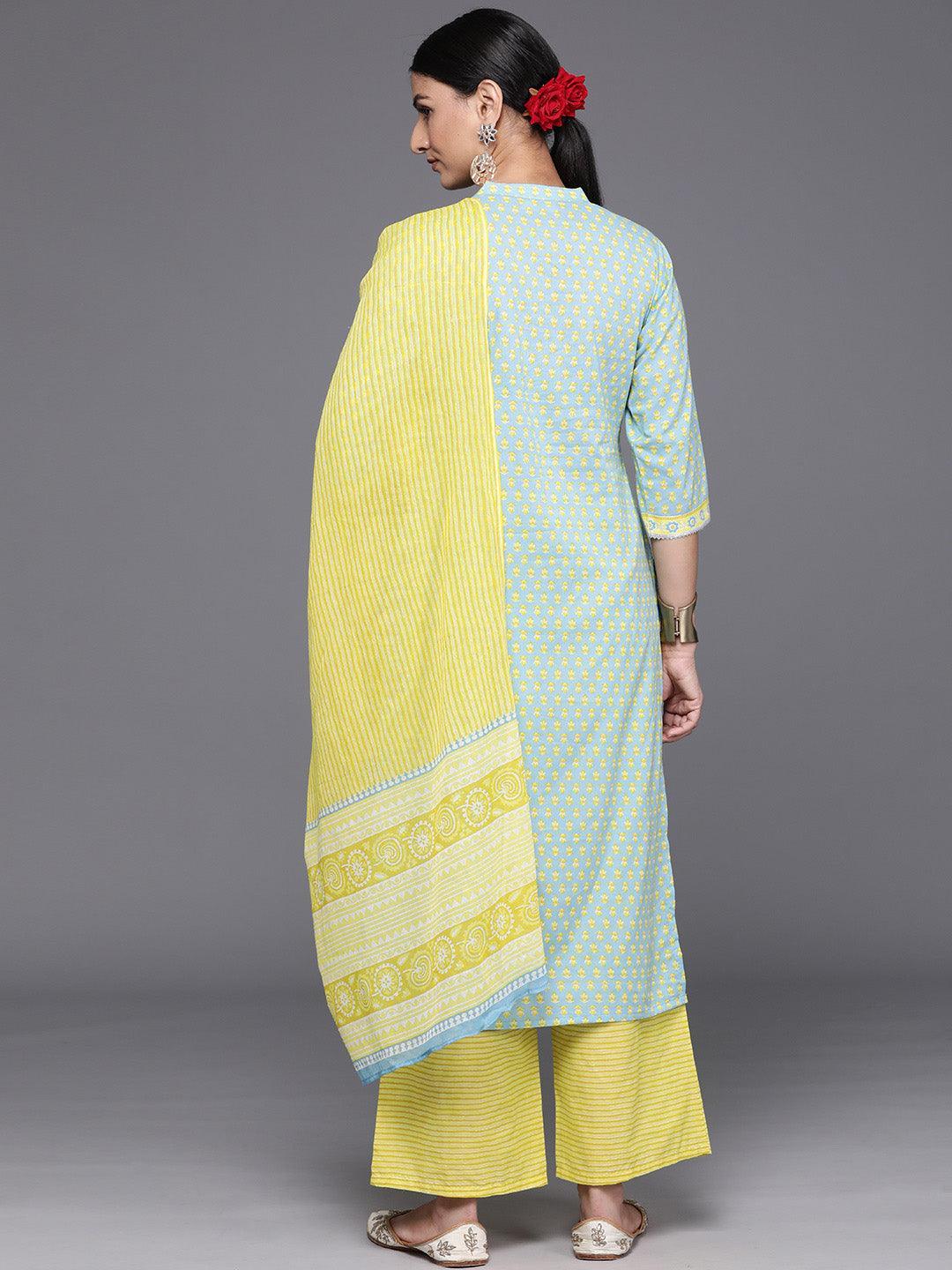 Blue Printed Cotton Straight Kurta With Palazzos & Dupatta