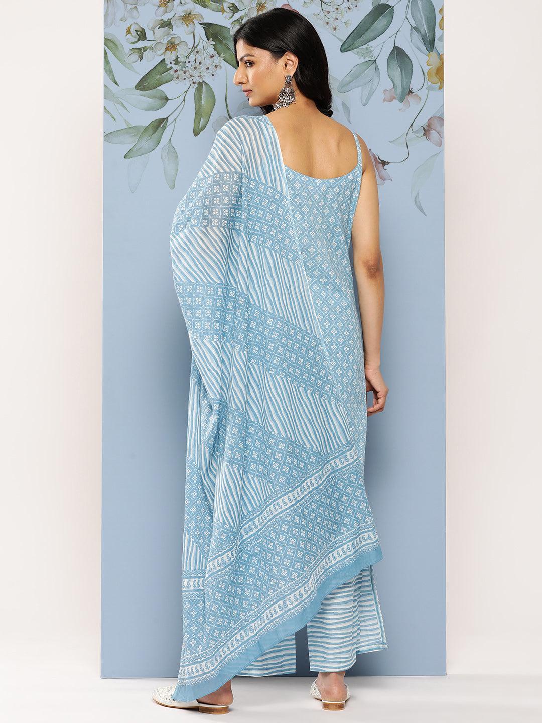 Blue Printed Cotton Straight Kurta With Palazzos & Dupatta