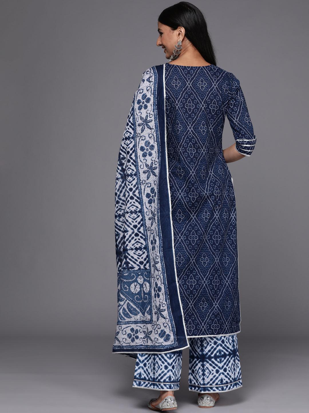 Blue Printed Cotton Straight Suit Set