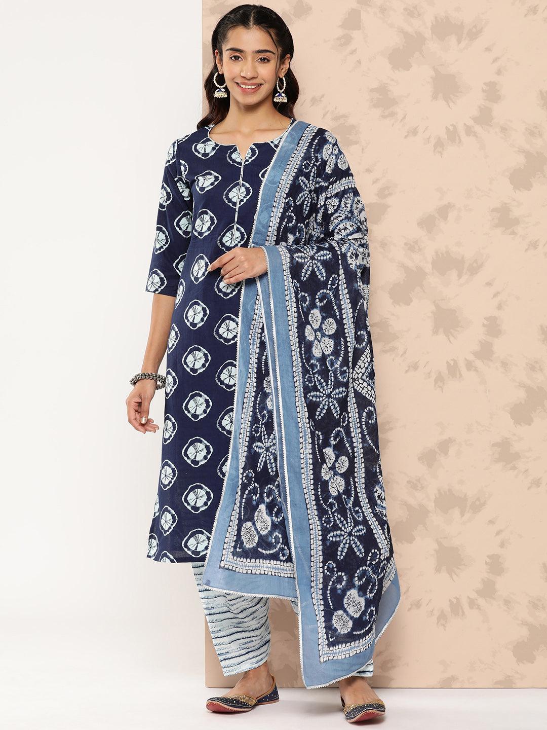 Blue Printed Cotton Straight Kurta With Salwar & Dupatta