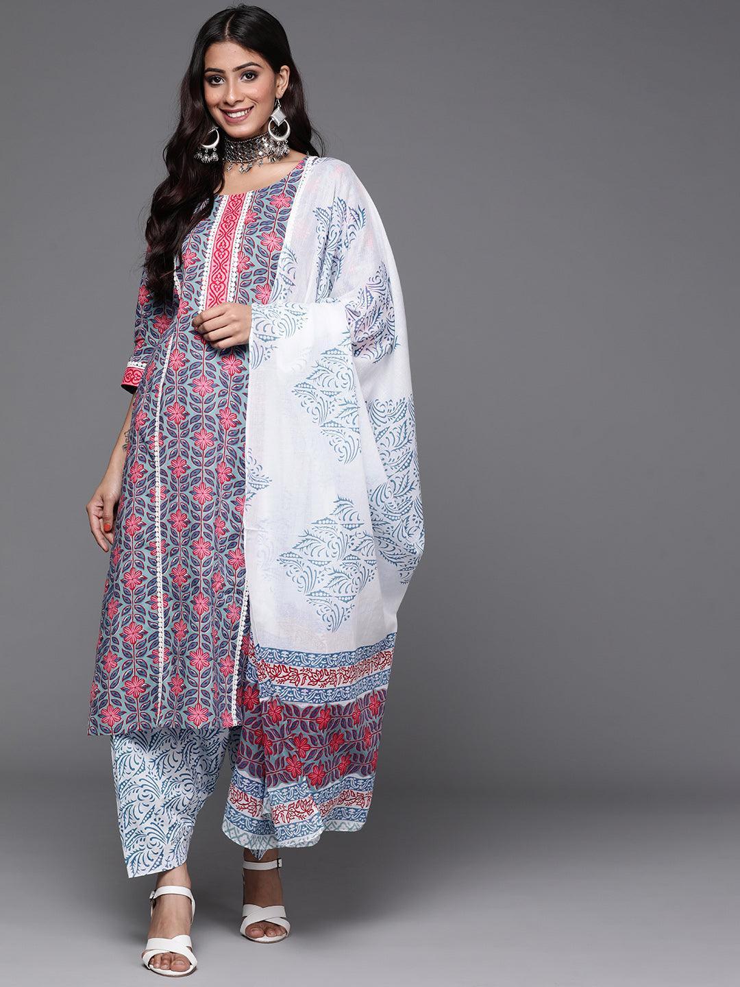 Blue Printed Cotton Suit Set