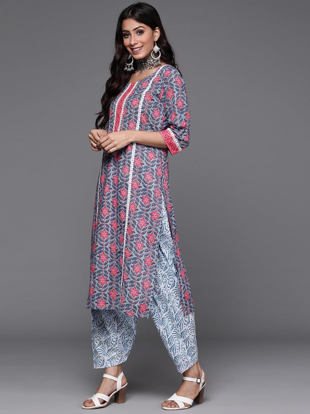 Blue Printed Cotton Suit Set