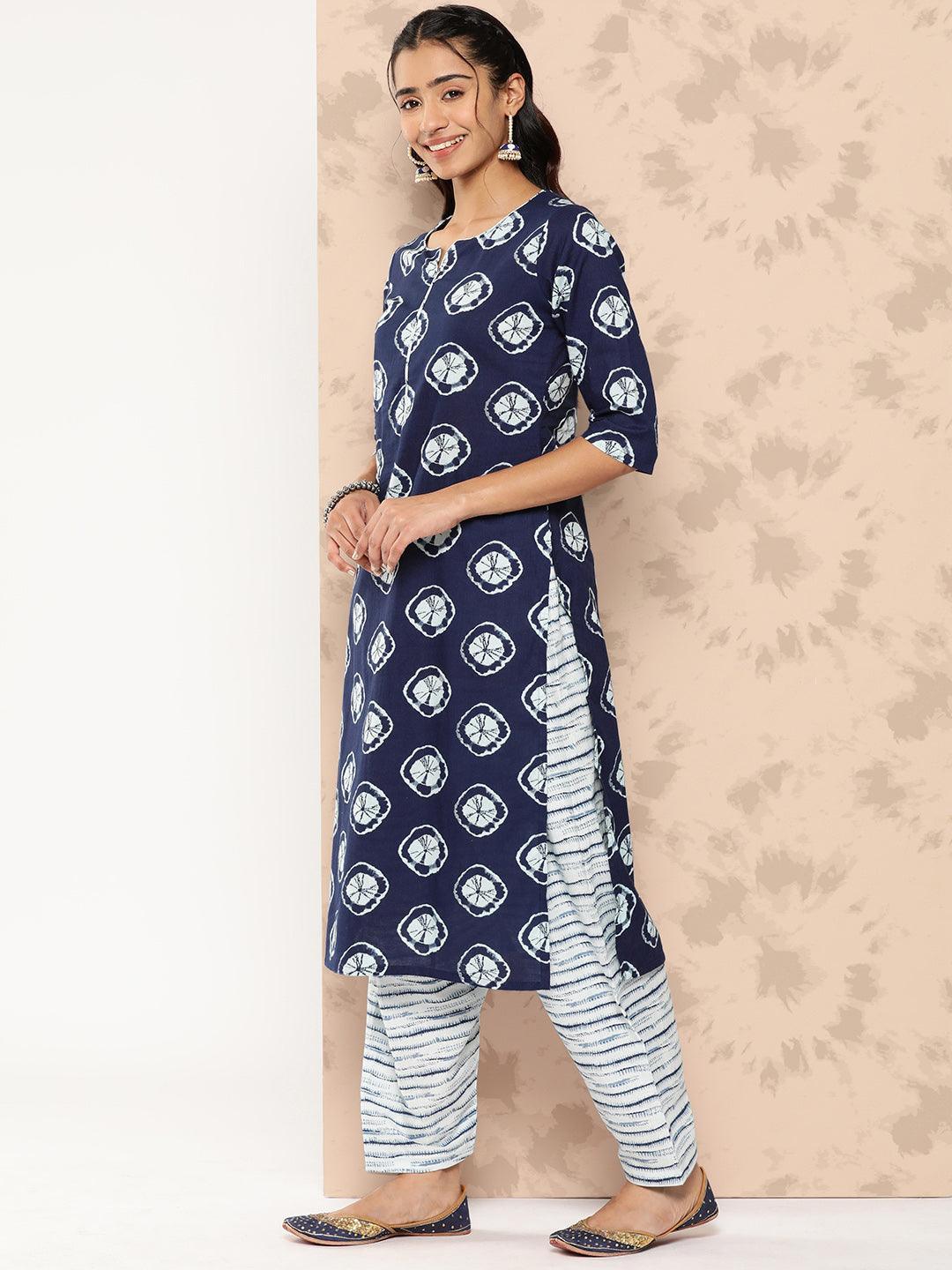 Blue Printed Cotton Straight Kurta With Salwar & Dupatta