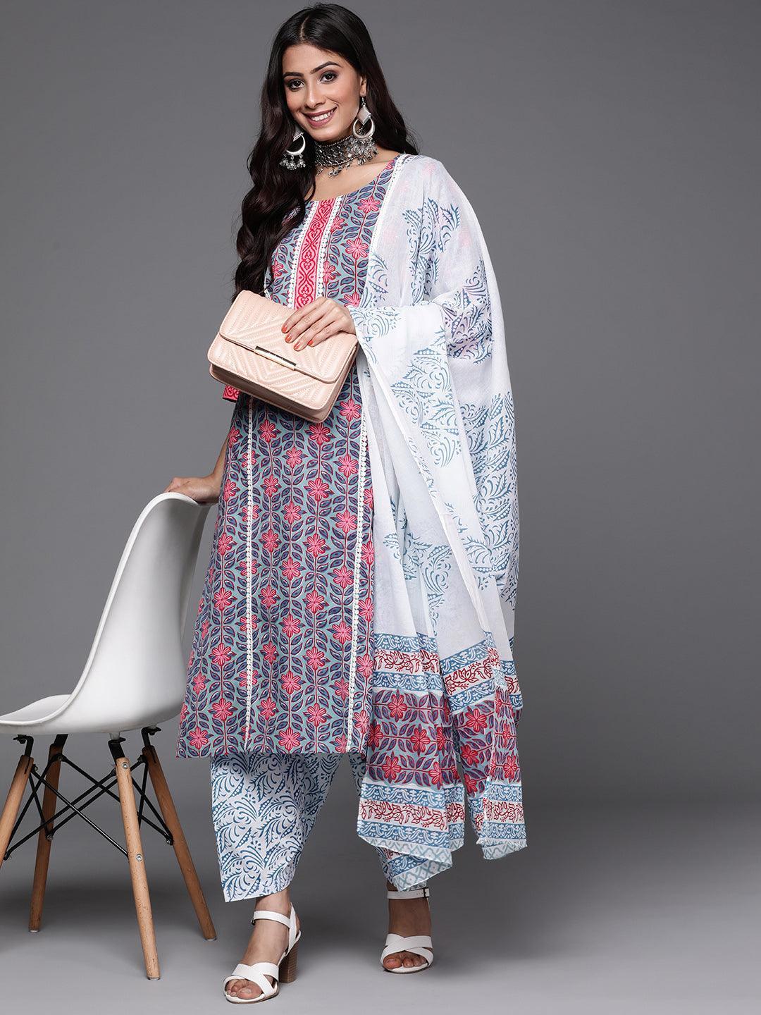 Blue Printed Cotton Suit Set