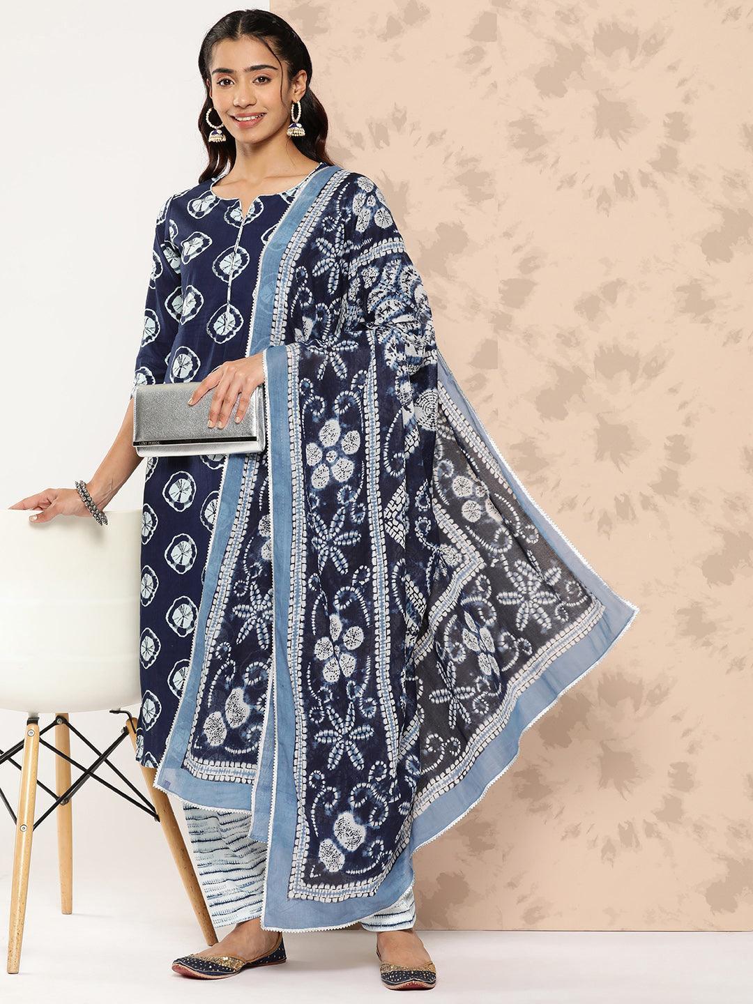 Blue Printed Cotton Straight Kurta With Salwar & Dupatta