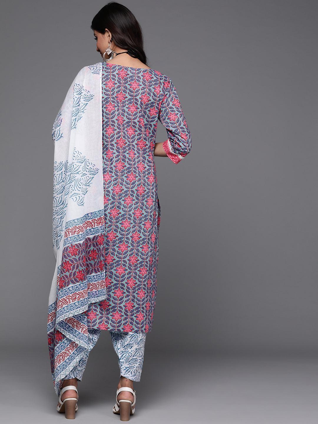 Blue Printed Cotton Suit Set