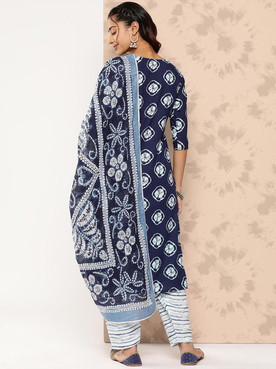 Blue Printed Cotton Straight Kurta With Salwar & Dupatta