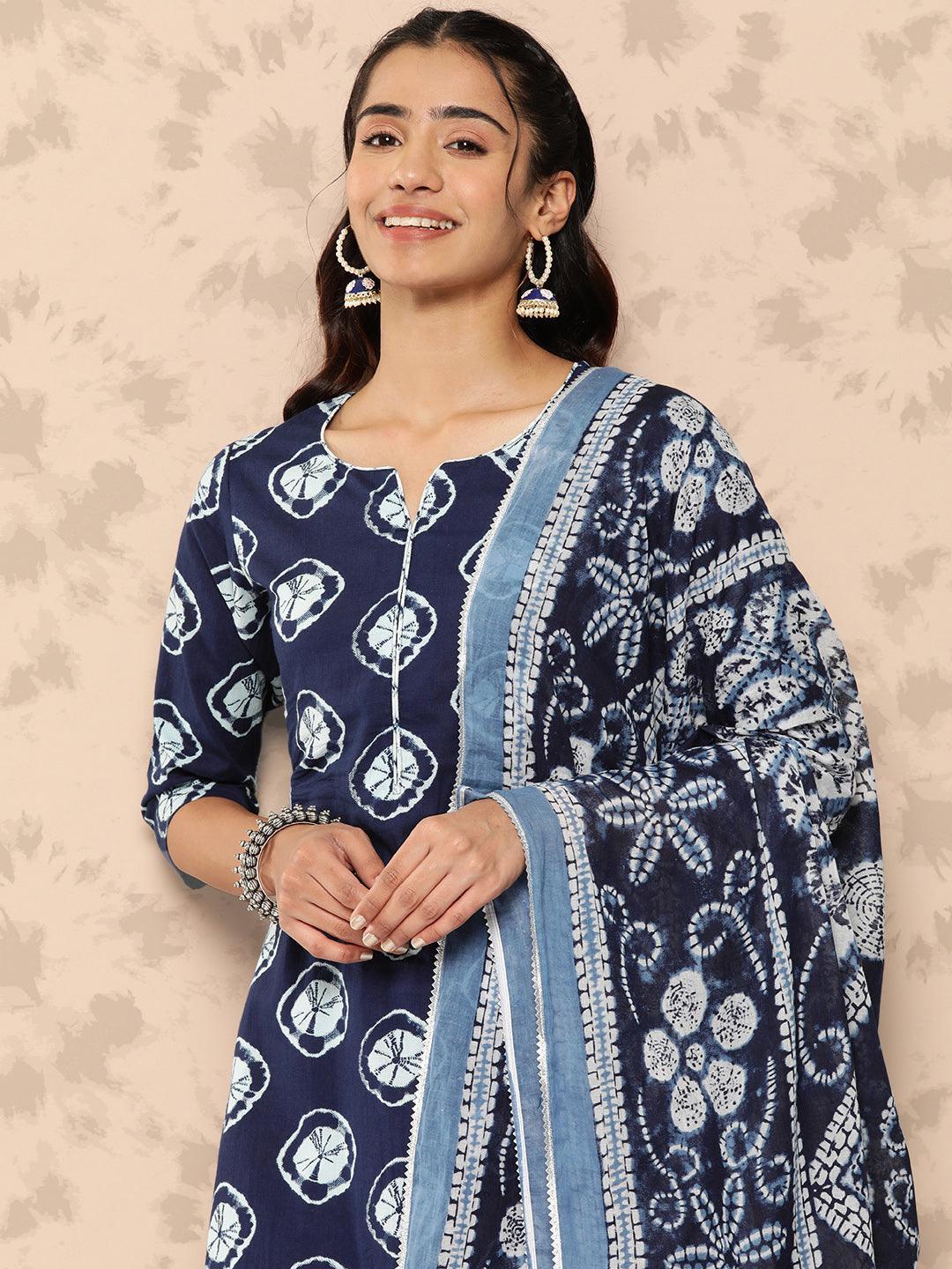 Blue Printed Cotton Straight Kurta With Salwar & Dupatta