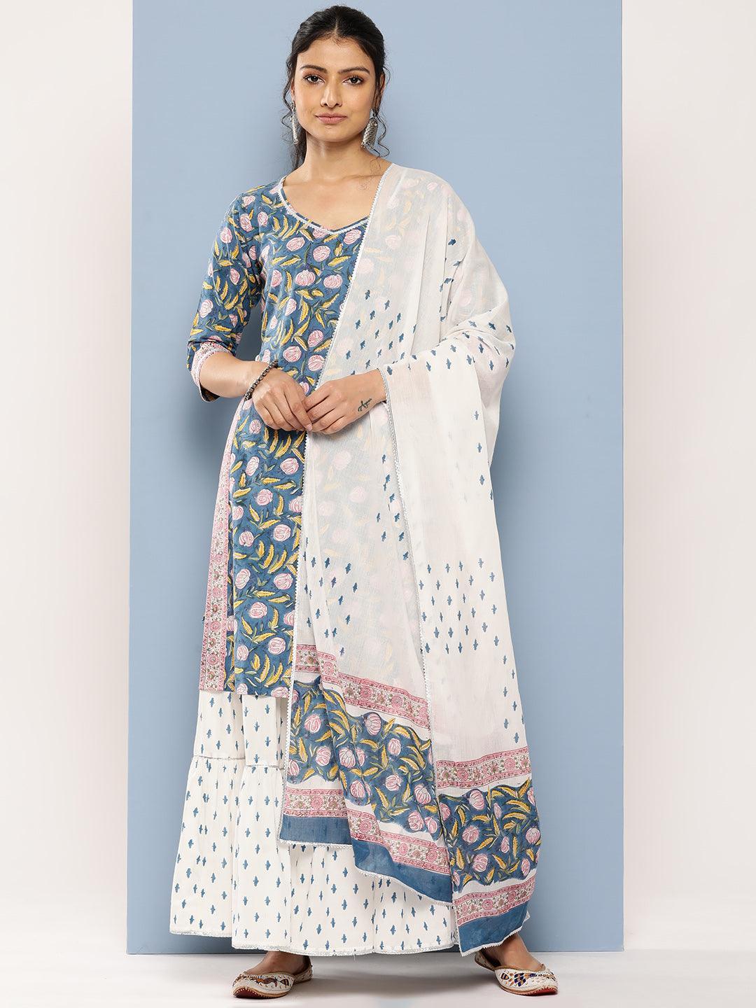 Blue Printed Cotton Straight Suit Set With Skirt - Libas