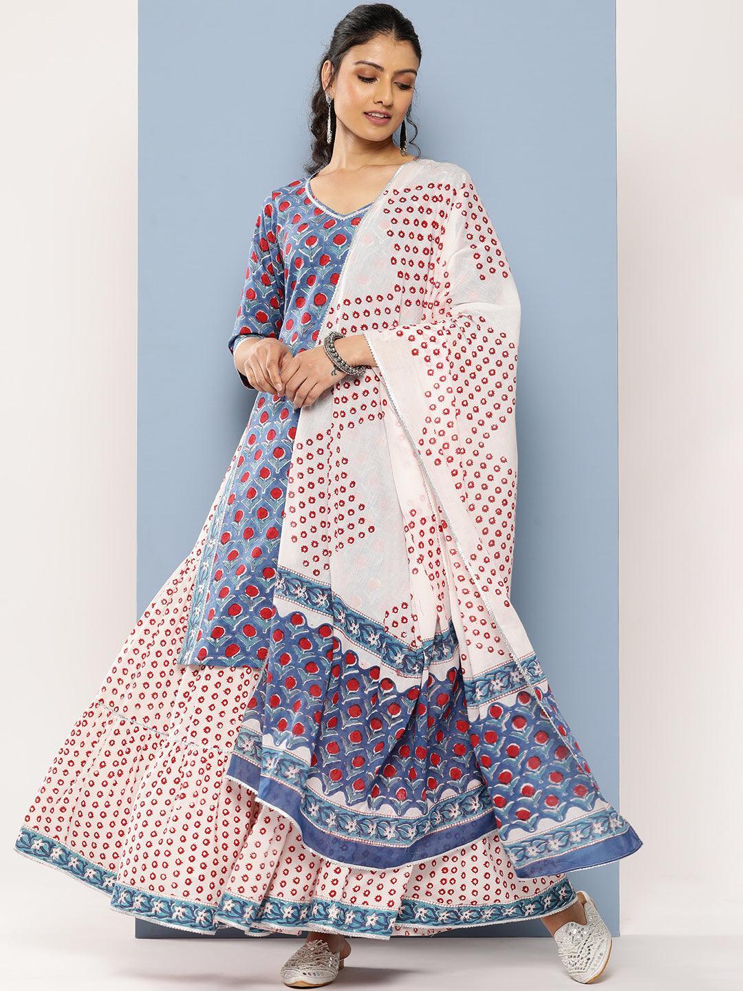 Blue Printed Cotton Straight Suit Set With Skirt - Libas