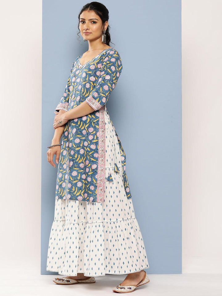 Blue Printed Cotton Straight Suit Set With Skirt - Libas