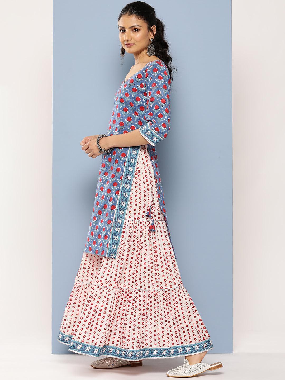 Blue Printed Cotton Straight Suit Set With Skirt - Libas