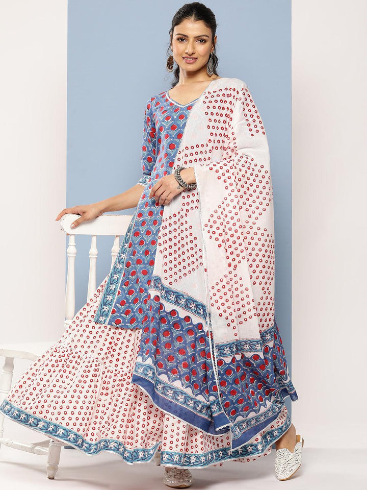 Blue Printed Cotton Straight Suit Set With Skirt - Libas