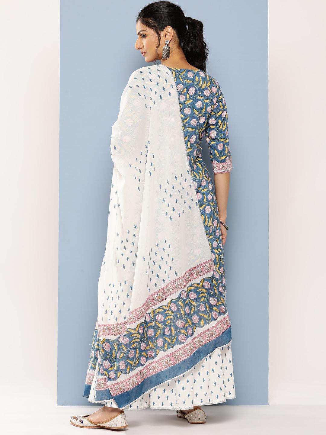 Blue Printed Cotton Straight Suit Set With Skirt - Libas