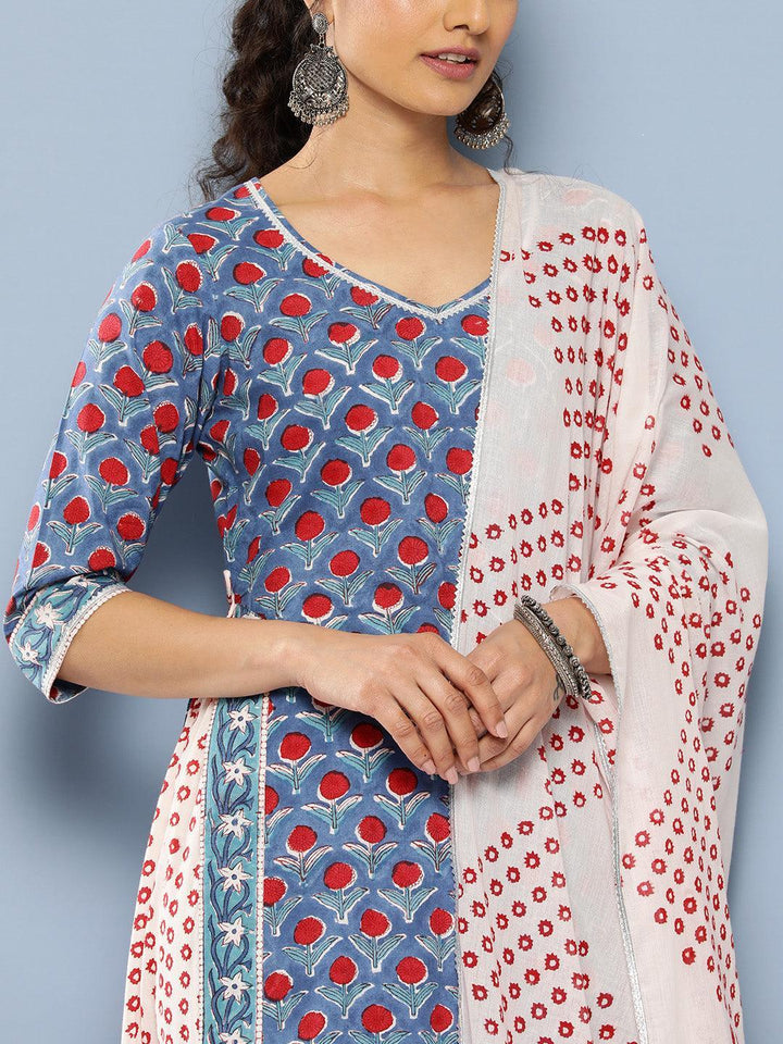 Blue Printed Cotton Straight Suit Set With Skirt - Libas