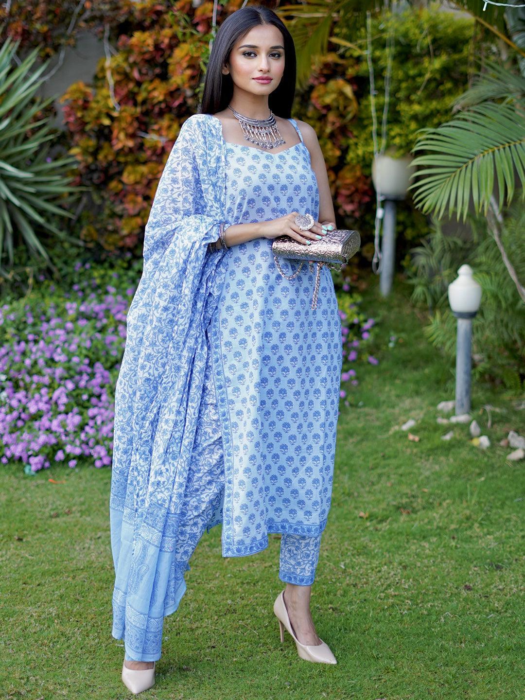 Blue Printed Cotton Straight Suit Set With Trousers